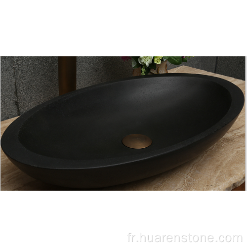 Vasque en pierre de lave noire naturelle polie ovale